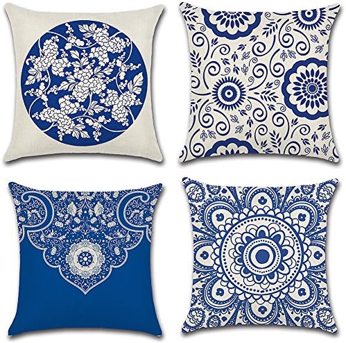 HuifengS Linen Throw Cushion Pillow Covers Square Pillowcase Blue and White Porcelain Decorative for Sofas Beds Chairs Cushion Cover Set of 4, 18 x 18 Inch