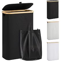 UISEBRT - Panier à Linge 3 Compartiments Avec Couvercle, 140L, Pliable, En Tissu Et Bambou