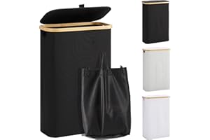 YOUDENOVA Kosz na pranie z pokrywką, 48 l, wąski, z workiem na pranie, składany, drewno bambusowe, kolor czarny