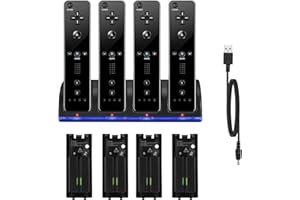 JUNBYUHU Chargeur pour Manette de Wii avec 4 Batteries 2800mAh Rechargeables Et Indicateurs LED,Chargeur de Wiimote pour Support de Charger de Station de Charge pour Télécommande Wii,Noir