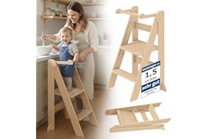 ‎BELLABINO Bellabino Tay Lerntrum ab 1 Jahr – Learning Tower 2-Fach höhenverstellbar & klappbar – Lernstuhl in Natur für Kinder – Montessori Stehturm aus Birkenholz – sicherer Tritthocker mit Kippschutz