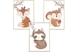 MeinBaby123® Set di 3 poster per cameretta dei bambini, formato DIN A4, motivo: animali indiani, boho