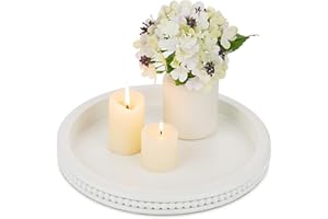 Hanobe Wood Decorative Tray Round: White Beaded Coffee Table Tray Circle Modern Wooden Trays Home Decor Kitchen Counter Centerpiece Organizer