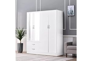 GENERIC High Gloss White 4-Piece Bedroom Furniture Set: 4-Door Mirror Wardrobe, 2-Door Cabinet, Chest, and Bedside Storage