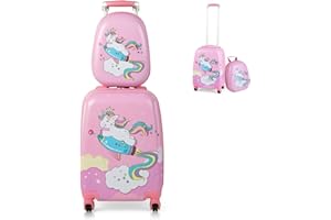 Maxmass 2PCS Kids Luggage Set, Hard Shell Children Trolley Case with 4 Universal Wheels, Girls Boys Suitcase and Backpack Set for Travel (Pink Unicorn, 12"+18")