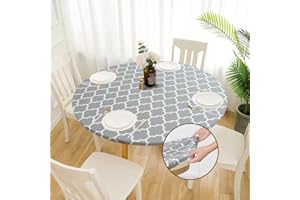 TWUTGAYW Round Tablecloth, Oil-proof Tablecloth PVC Elastic Edged With Flannel Backing Table Cover, Plastic Wipe Clean Table Cloth for Outdoor Party Picnic 115cm-145cm(Grey)