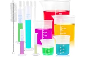 Verdenu 15 PCS Plastic Graduated Cylinders and Beakers Set with 5 Transfer Pipettes and 1 Test Tube Brushes Science Measuring Lab Test Tube Flask Liquid Measuring Tools