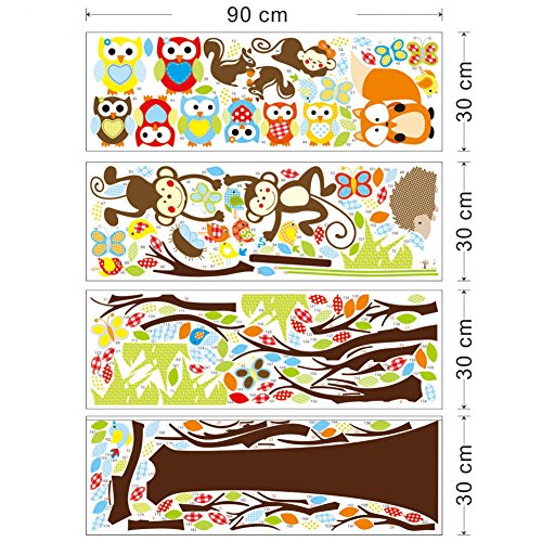 Wand Sticker Aufkleber Papier Kunst Dekoration Fröhliche Tiere Löwe Wald Baum Deko Dschungel-Affe-Waldtierwandaufkleber Eichhörnchen und Eule Schaukel Spiel - 6