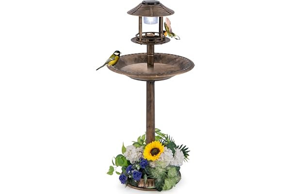 GOPLUS Mangeoire Oiseaux Exterieur sur Piédestal 3 en 1 avec Lumière Solaire, Dia. 50 CM, Abreuvoir Oiseaux Exterieur avec LED, Bain d’Oiseau et Décoration Vintage pour Terrasse, Cour (Laiton)