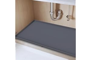 MACOCHEEZEE Tapete para debajo del fregadero con diseño único de agujero de drenaje, tapete de silicona de 34 x 22 pulgadas para debajo del fregadero de la cocina, tiene capacidad para 3.3 galones de líquido,
