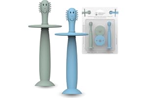 ‎MATCHSTICK MONKEY Matchstick Monkey Baby Trainingszahnbürste mit Sicherheitsstopp, 2er Set ab 3 Monaten, Silikon, BPA-frei, BioCote® antibakteriell, weiche Borsten, Zahnpflege Baby (mint & hellblau)