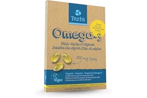 Testa Omega 3 - Huile d'Algues - Oméga 3 Vegan Supplément – Super concentré DHA 250 mg par capsule – Bon pour le Coeur et les Yeux – 60 gélules – 2 mois de stock