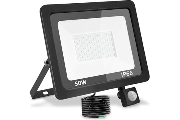 Treoir Spot LED 50 W avec capteur de mouvement, 5 000 lm extérieur, blanc froid 6 000 K Projecteur d'extérieur étanche IP66 - Patio, entrepôt, chemin, jardin