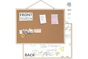 EasyVibe Cork Board White Board Combo Double Sides 1 Pack, 70 x 50cm Cork Boards for Walls with Wood Frame, Pin Board Front & Dry Erase Board Back, Tack Board for Home, Office, School