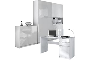 Vladon Büromöbel Arbeitszimmer komplett Set Logan, Made in Germany, Korpus in Weiß matt/Fronten in Weiß Hochglanz