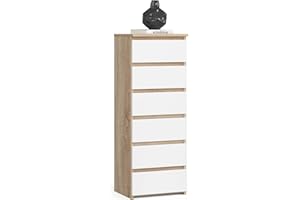 AKORD | Cassettiera a 6 Cassetti | Credenza Alta | Moderna Mobiletto per Soggiorno Sala da Pranzo Camera da Letto Corridoio Bagno | Armadio Cameretta | 35x40x109 cm | Rovere Sonoma | Bianco