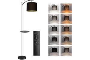 BBHome Lampadaire LED avec télécommande et source lumineuse dimmable, températures de couleur variables, dimmable en continu, lampadaire avec étagère amovible pour salon, chambre, bureau, noir et doré