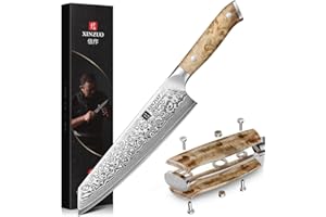 XINZUO Acier Damas 21cm Couteau de Chef Kiritsuke -Tranchant et Durabilité Couteau de Cuisine 67 Couches Acier Damas 10Cr15CoMoV -Poignée Ergonomique en Bois de Sycomore Figuré