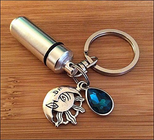 The Birthstone Collection: Cremation Jewelry Ashes Memorial Urn Key Ring with March (Aquamarine) charm attached and free Jewellery Pouch and Fill Kit. Carry a permanent memorial to your loved one.