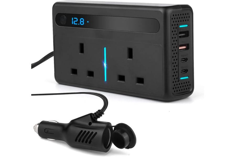 Upgraded 300W Car Power Inverter DC 12V to AC 240V with 2 UK Plug Sockets, 2 USB-A and 2 USB-C PD Ports, QC3.0 Fast Charging, Cigarette Lighter Adapter for Car, Truck, RV, Camping