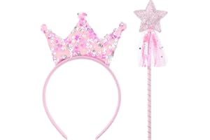 YQQYG 2 PCS Princess Crowns for Girls with Wand, Pink Tiara for Little Girls, Princess Accessories Birthday Crown Dress up for Girl 4-6