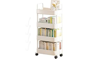 UOTO 2/3/4 Tier Rolling Storage Trolley, Utility Organiser Cart on Wheels, Multifunction Unit Mobile Storage Shelves with 4 Hooks for Dormroom Kitchen (White, 4 Tier)