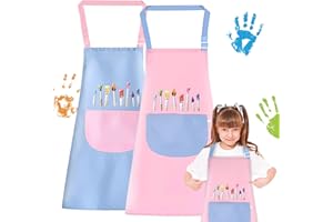 BGTLJKD 2 Stück Malschürze Kinder, Kinder Schürzen Set mit Taschen, Verstellbare Kleinkind Kochschürze, Kochschürze Kinder Jungen Mädchen für Basteln Malen Backen Kochen (Blau + Pink)