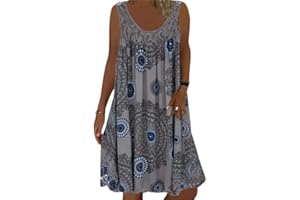 Minetom Dentelle Robe Été Femme de Plage Rétro Robes Col Rond Robes au Genou sans Manches Imprimé Floral Casual Tuniques Ample
