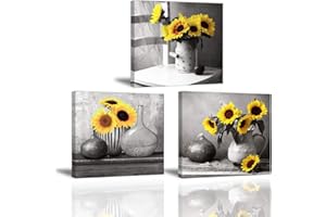 Piy Painting 3X Stampe e Quadri su Tela Girasole è Fiore Che Succhia Il Sole Immagine Fiori Stampe su Canvas con Cornice Murale Tela Wall Art Home Decor Cucina Regalo di Anniversario Natale 30x30cm