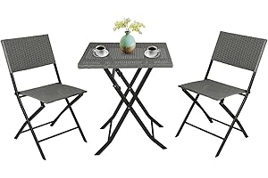 rattantree Rattan Garden Furniture Bistro Set of 3, No Assembly Weather Resistant Foldable Outdoor Table and Chairs, Premium Steel Frames Patio Sets with Wicker for Lawn, Picnic, Garden, Yard (Gray)