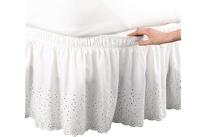 Feyart Faldón de cama envolvente, con ojales, elástico de flores, caída de 15 pulgadas (blanco, individual (90 x 190 + 38 cm)