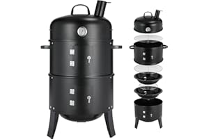 TLGREEN Horno Ahumador, Ahumador 3 en 1, Ahumador con Chimenea, Barbacoa de Carbón, con Termómetro, 2 Rejillas de Acero Inoxidable (φ 37,5 cm), Barbacoa Ahumadora para Ahumar, Asar y Cocinar