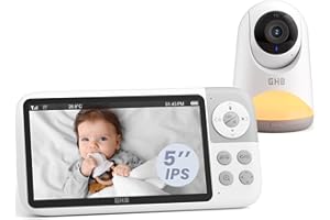 GHB Babyphone Camera 5" Camera Bebe 350° Ratation 720P HD 3050mAh Écran IPS Veilleuse à Luminosité Réglable VOX Zoom 3X Supporte 4 Caméras Vision Nocturne Audio Bidirectionnel Capteur de Température