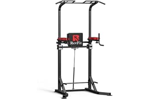 REVFIT Power Tower mit Klimmzugstange freistehend – höhenverstellbare Dip Station (160–220 cm) mit Rückenstütze & Hydraulik – Kraftstation für Zuhause – Klimmzug Turm für Erwachsene & Jugendliche