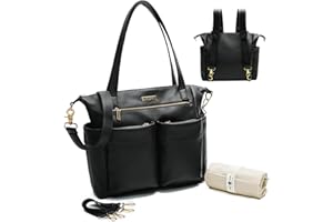 MISS FONG Baby Changing Bags Nappy Changing Backpack Leather Baby Bags Diaper Bag with Changing Mat & Stroller Straps for Maternity Pregnancy Mum and Dad, Black
