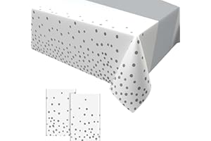 DAGELAR 2PCS White Silver Dot Party Tablecloth,White Silver Dot Confetti Table Cover Disposable Plastic Table Cloth Decorations for Outdoor Picnic Birthday Wedding Christmas Party Decorations 137 * 274cm