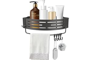 ANMEISH Suction Cup Shower Caddy, Aluminium Corner Bathroom Shelf, No-Drilling Tidy Shower Organizer with Towel Bar and Hooks, Removable Wall Mounted for Shampoo Razors(Grey)