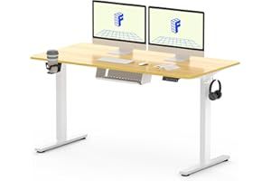 FLEXISPOT QE Pro Escritorio Elevable Eléctrico 140x60cm, Mesa Elevable con 2 Ganchos, Portavasos y Organizador de Cables, 4 Función de Memoria, Standing Desk para Oficina & Hogar y Teletrabajo, Arce