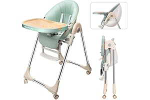 OUNUO Baby Hochstuhl Vertehllbar und Klappbar kinderhochstuhl mitwachsend Kindersitz Kinderstuhl mit Sicherheitsgurt 6 Monaten bis 6 Jahre PU Leder Kissen (Grün)