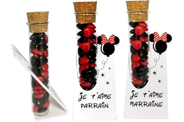 Lot : 1 Soliflore Je t'aime Parrain + 1 Marraine – Cadeau Baptême, Boite contenant à dragées – idéal pour une décoration de table thème Mickey Mouse minnie disney disneyland existe en modèle souvenir