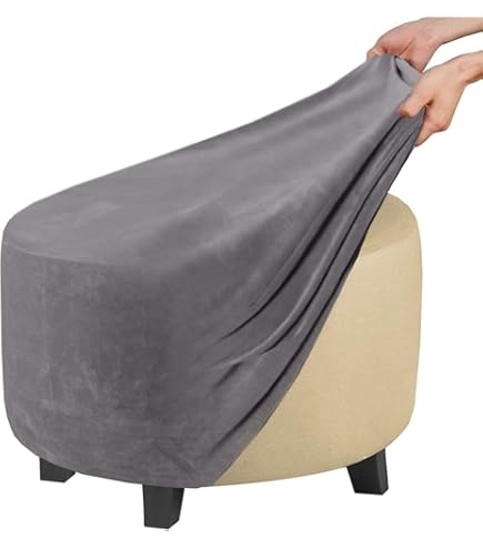 Copri Pouf Rotondo In Velluto Elasticizzato - Grigio Per Ottomana 48-55cm, Copertura Decorativa - Foto 3