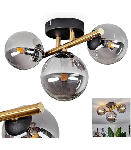 HOFSTEIN Deckenleuchte Chehalis – 6-flammig, Metall/Glas, Schwarz/Gold/Bernstein, G9-Fassung, Retro-Design