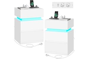 WOLTU 2X Mesitas Noche con Estación Carga, Mesitas Auxiliares con Luz LED, 2 Cajones, 2 Puertos y 2 Enchufes, Mesilla para Dormitorio y Sofa, Blanco, NTS23ws-2