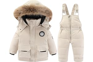 CEWIFO Tuta da Neve 2 Pezzi Bambini Ragazzi Capppotto in Piuma con Cappuccio Pellicia + Salopette Bambina Giacca Invernale Impermeabile Sci