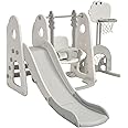 Maxmass Toddler Slide and Swing Set, Children Playground Playset with Basketball Hoop, Long Slide and Climb Ladder, Indoor Outdoor Kids Play Area for Boys Girls (Grey+White, 173x191x120cm)