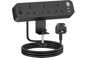 Desk Power Socket with USB C, ANVODE 3 Way Desktop Power Socket Extension with 4 USB (2 Type C), Desk Extension Lead 2M with Switch for Home Office (Black)