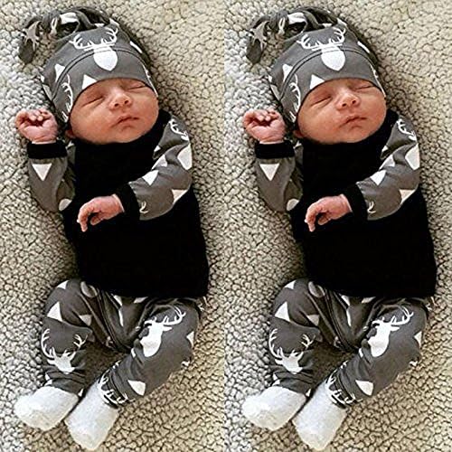 CSMRTE 3Pcs/Set Newborn Baby Girl Boy Deer Tops T-shirt+Leggings + Hat Outfits Pajamas Set (6-12 Months)