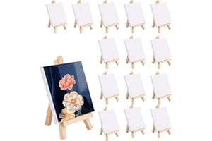 APACALI Pack de 15 Mini lienzos con Caballete, Lienzo pequeño de 10 x 10 cm, Caballete de Mesa de Madera, Caballete pequeño de Madera, Mini Caballete de Madera pequeño, Caballete Triangular para exhi