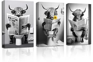 CXHOSTENT Lustiges Hochlandkuh Badezimmerdekor 3 Stück Kuh mit Sonnenblume Zeitung lesend auf der Toilette Bild auf Leinwand Schwarz Weiß Tierposter (D, 28.00 x 35.00 cms x 3PCS)