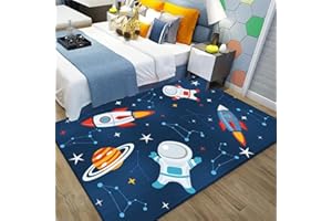 Judy1980 Children's Universe Planet Astronaut Living Room Mat Non-Slip Azul y Negro Carpets Children's Mat Lavable (80 x 160 cm)